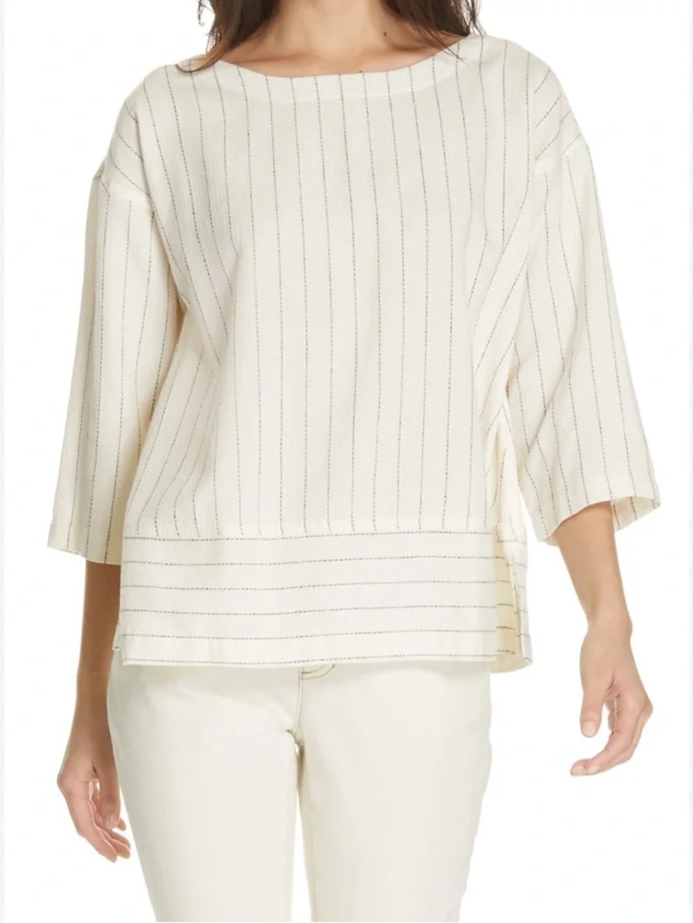 Eileen Fisher Cream Gauzy Organic Cotton Striped Bateau Wide Neck Top Size XXS